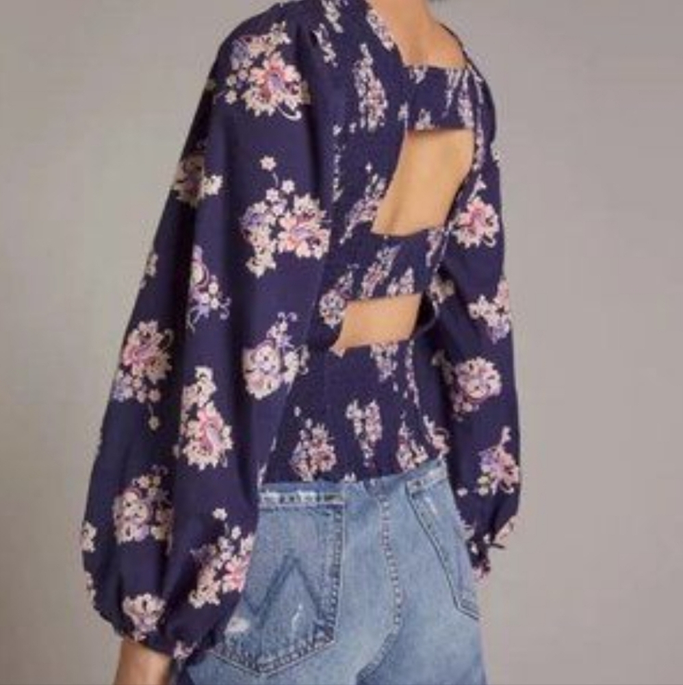 Anthropologie Navy Floral Open-Back Blouse with Pink Flowers